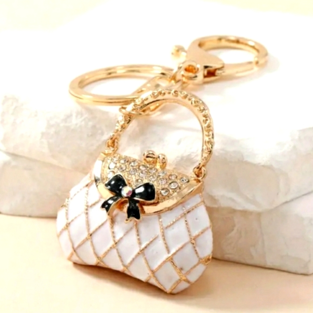 NEW White Gold and Black Handbag with Bow Rhinestones Bag Charm Keychain